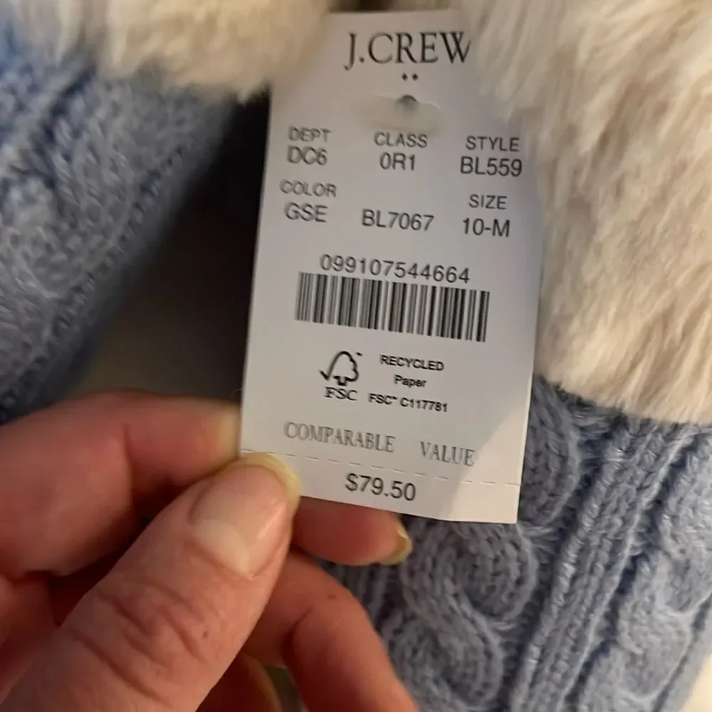 J. CREW Cozy Blue Cable Knit Slippers with Faux Fur